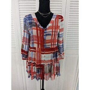 MAEVE Anthropologie Top Womens XS Red Plaid Boho 3/4 Sleeve Blouse Tunic Country